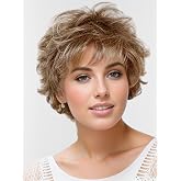 TISHINING Short Ombre Blonde Curly Wig with Bangs Fluffy Layered Blonde Pixie Cut Wigs for White Women Natural Wavy Synthetic Hair Replacement Wig