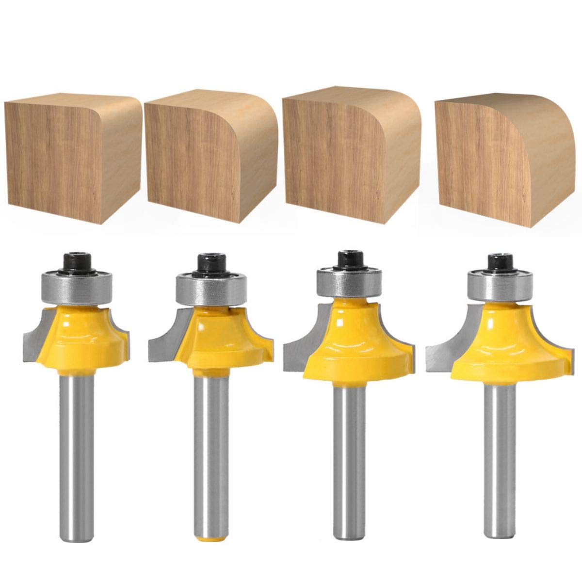 Baorder 4pc 6mm Shank Roundover Router Bit Set, Rounding Cutter, Chamfer Router Bits, Tungsten Carbide, Steel, 2 Flutes