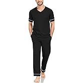 COLORFULLEAF Mens 100% Cotton Pajamas Set Short Sleeve V-Neck Sleepwear Soft Loungewear Pjs with Pockets
