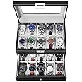 BEWISHOME Watch Box Organizer 20 Men Display Storage Case Metal Hinge Black PU Leather Glass Top Large Holder SSH04B