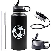 32 oz Soccer Water Bottle with Straw, Wide Mouth Sports Flask Metal Travel Tumbler with 2 Lids, Stainless Steel Double Wall Vacuum Insulated Leakproof Thermo Water Bottles, Soccer Gifts for Boys Girls