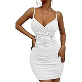 TREEOFFCISE Women's 2024 Wrap V Neck Dress Sleeveless Ruched Bodycon Sexy Dress Ladies Party Cocktail Club Fashion Dress