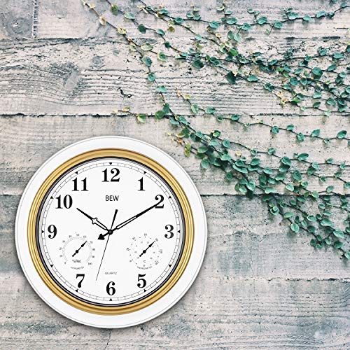 BEW Large Outdoor Clock, 18 Inch Thermometer & Hygrometer Combo, Waterproof & Weather Resisitant Function, Silent Garden Wall Clock for Patio/Pool/Lanai/Fence (Metal, White-Golden) - Thumbnail 5