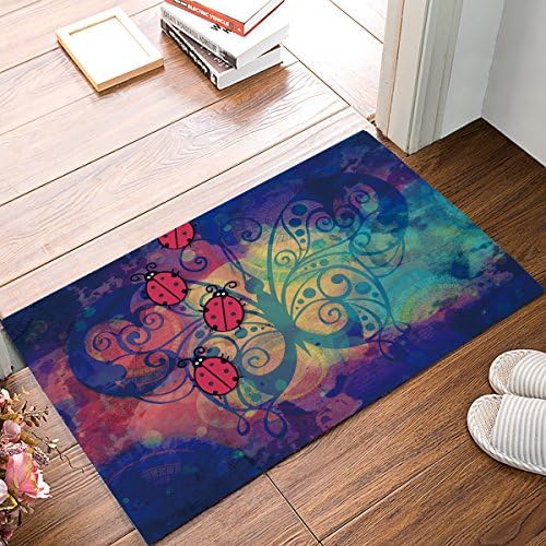 Non-slip Door Mat Entrance Rug Rectangle Absorbent Moisture Floor Carpet for Indoor Outdoor Butterfly Background and Beatles Pattern Doormat 16x24 inch