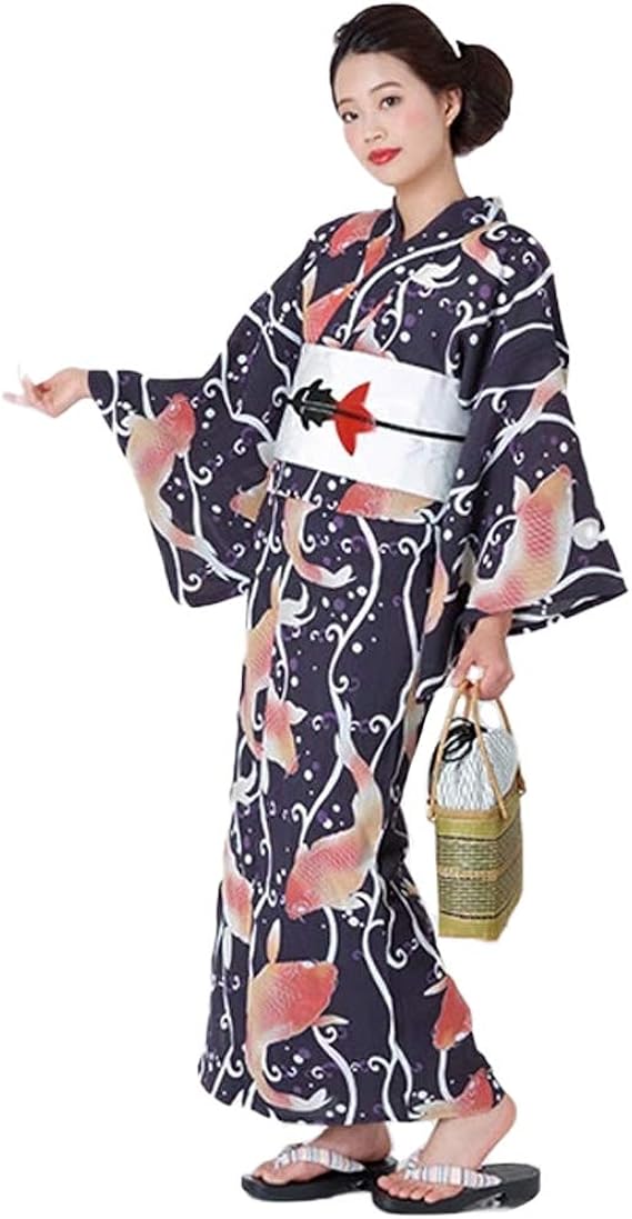 Amazon Kimonomachi オリジナル 女性浴衣3点セット 紫紺色 鯉 浴衣 帯 下駄フリーサイズ 浴衣 通販