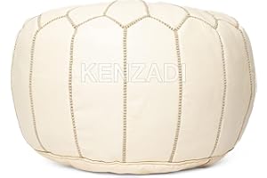 KENZADI Genuine Leather Pouf Stuffed Handmade Stitched in Marrakech by Moroccan Artisans (Creamy White)