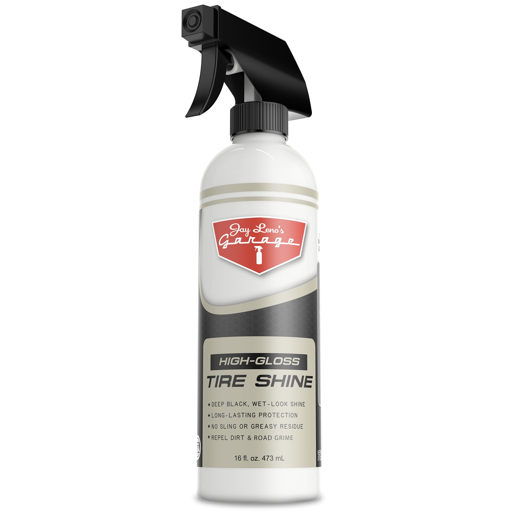 Photo 1 of Jay Leno's Garage Tire Shine Delivers long-lasting High Gloss with a Deep Black Wet Look Glow. This Tire Dressing Spray and Car Tire Shine Work as Auto Detailing Care for Wheels and Tires – 16 oz.