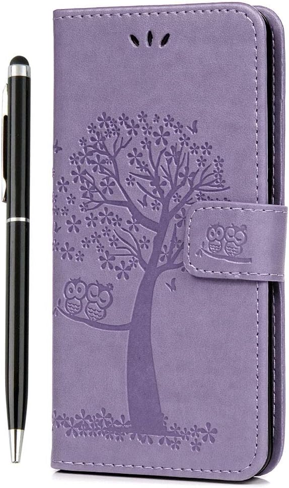 iVOYI Samsung Galaxy A7 2018 Case, Premium PU Leather Phone Case Wallet Flip Owl Tree Embossed Case Protective Cover for Samsung Galaxy A7 2018 [Kickstand] Card Holder & One Touch Pen, Light Purple