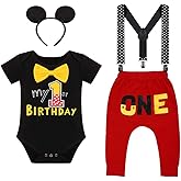 IMEKIS Toddler Boys Mouse 2nd Birthday Outfit Bowtie Romper Long Pants Headband Fall Winter Cake Smash Clothes