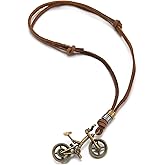 COOLSTEELANDBEYOND Mens Vintage Bronze Bike Bicycle Pendant Necklace Brown Leather Cord, Unique Rustic Boho Jewelry