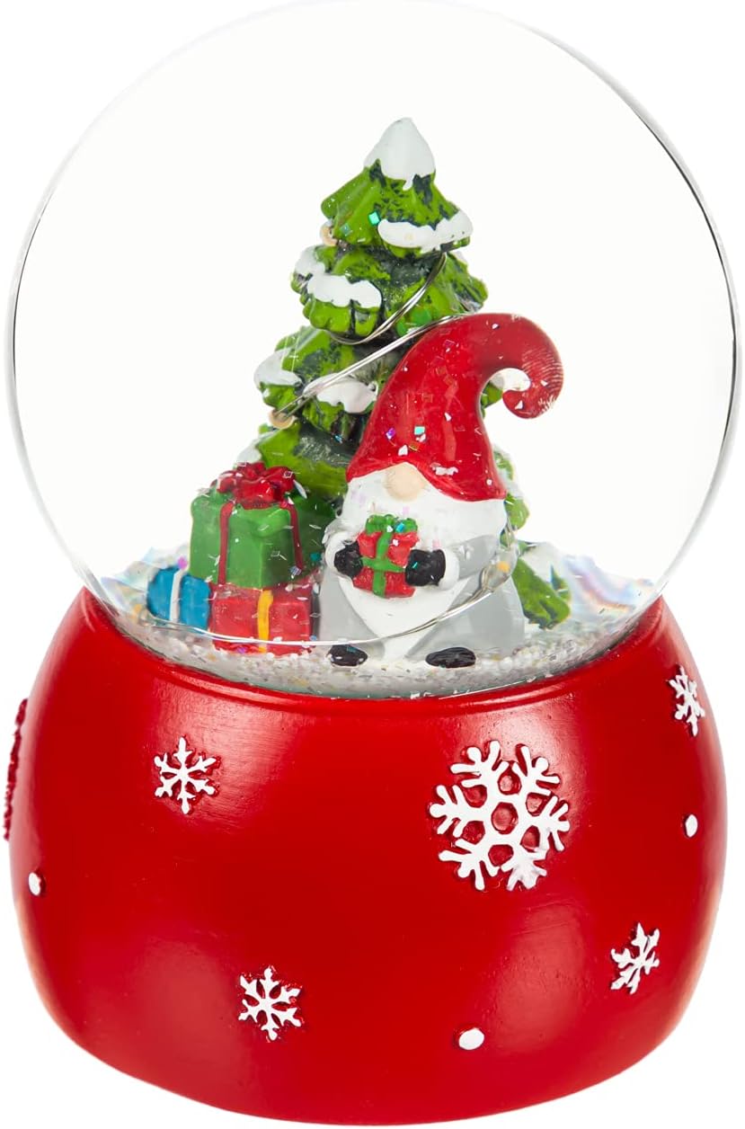 Snow Globes - Evergreen LED Polyresin Water Globe with Gnome Icon, Christmas Tree Indoor Christmas and Holiday Decor