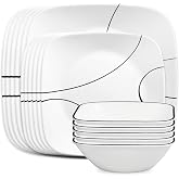 Corelle 18-Piece Service for 6 Dinnerware Set Triple Layer Glass and Chip Resistant, Lightweight Square Plates and Bowls Set, Simple Lines