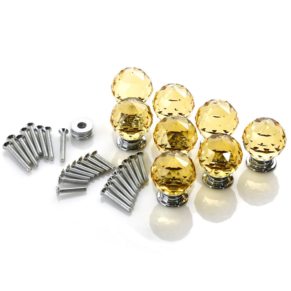 Crystal Door Knobs, 8 X 30MM Crystal Glass Diamond Cut Door Knobs Kitchen Cabinet Drawer Knobs with Screw for Home Decorating, Yellow