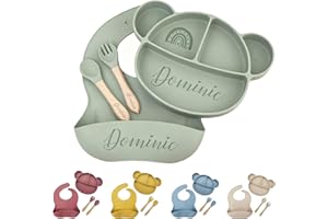 Silicone Feeding Set with Engraved Name for Baby-Led Weaning - Personalized Suction Plate, Bib, Utensils Eco-Friendly, BPA-Fr