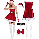DARFULA Women's Mrs. Claus Santa Costume 6 Pcs Velvet Christmas Dresses for Women with Belt and Gloves