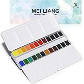 MEI LIANG 24 Colors Solid Watercolor Paint Set, Vibrant and Highly Pigmented Colors, Removable Pans and Built-in Palette, Portable Metal Case for Students, Beginners, and Outdoor Sketching
