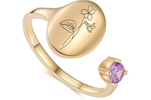 SLOONG Handmade Birth Month Flower Signet Ring 14K Gold Plated Ring Birth Stone Ring Birthday Valentine's Christmas Gift for Mom Daughter Girlfriend Wife
