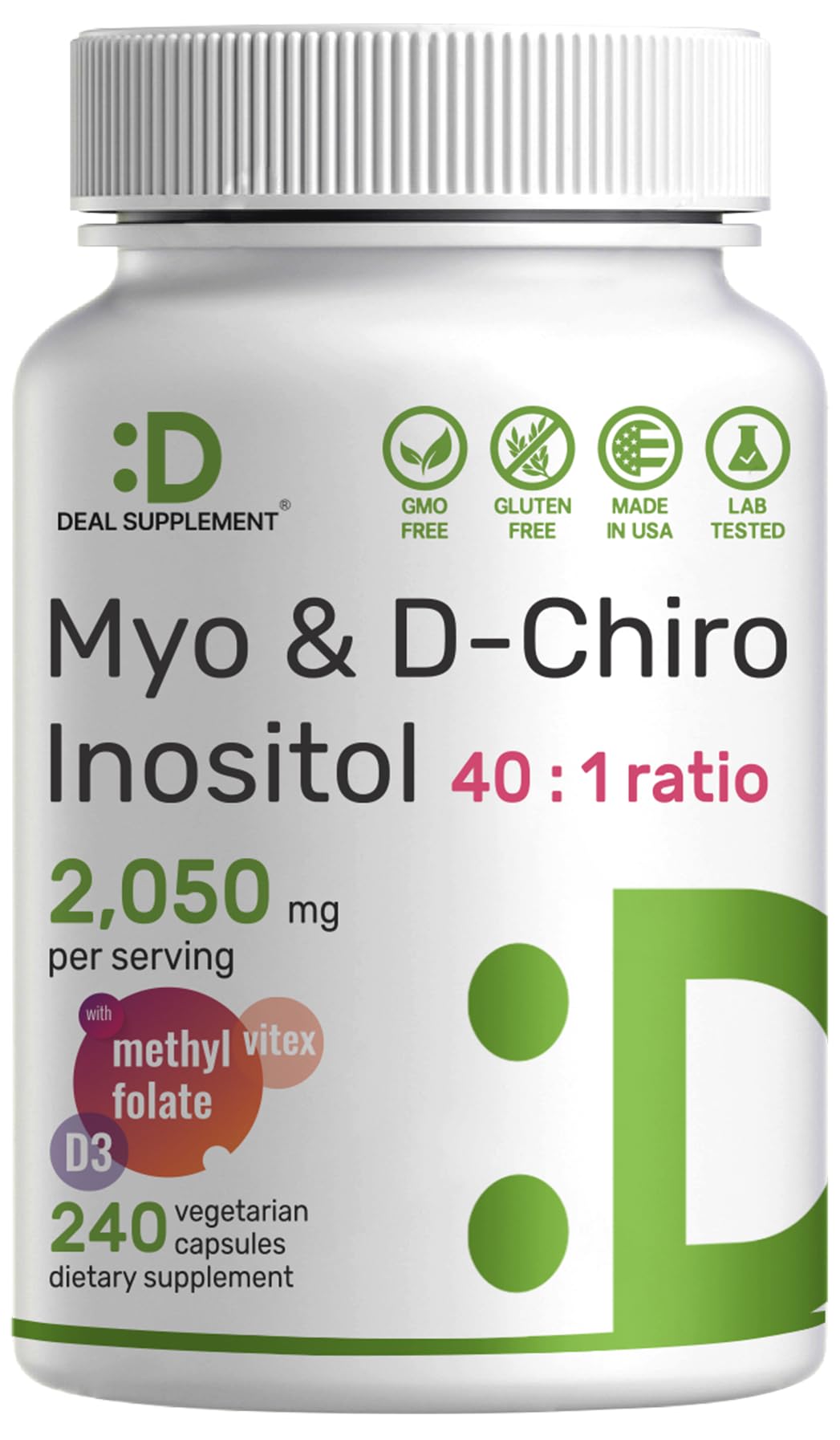 Photo 1 of Myo-Inositol & D-Chiro Inositol Supplement (40:1) 2,050mg Per Serving, 240 Veggie Capsules – with Folate, Vitamin D3, & Vitex Complex – Women Health Supplements – Non-GMO