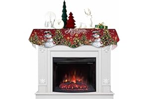 DecorLovee Dark Red Christmas Mantle Scarf 90x17 Inch, Xmas Snowman Fireplace Christmas Decorations Cover Runner, Tree Elk Snowflake Christmas Mantel Decorations Xmas Mantel Scarves