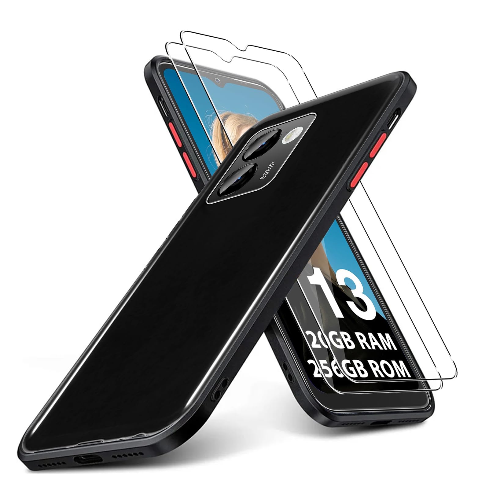 KUSINHOKA Case Compatible with DOOGEE N50 Pro + 2 Pack Screen Protector Tempered Glass,Anti Scratch,Drop Protection,Non Slip Soft TPU Thin Full Body Protective Phone Cover,Black