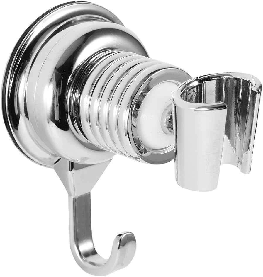 Ymiko Shower Head Holder, Adjustable 360° Rotatable Shower Head Bracket with Hook, Suction Cup Mount, Silver, ABS and Rubber Frame