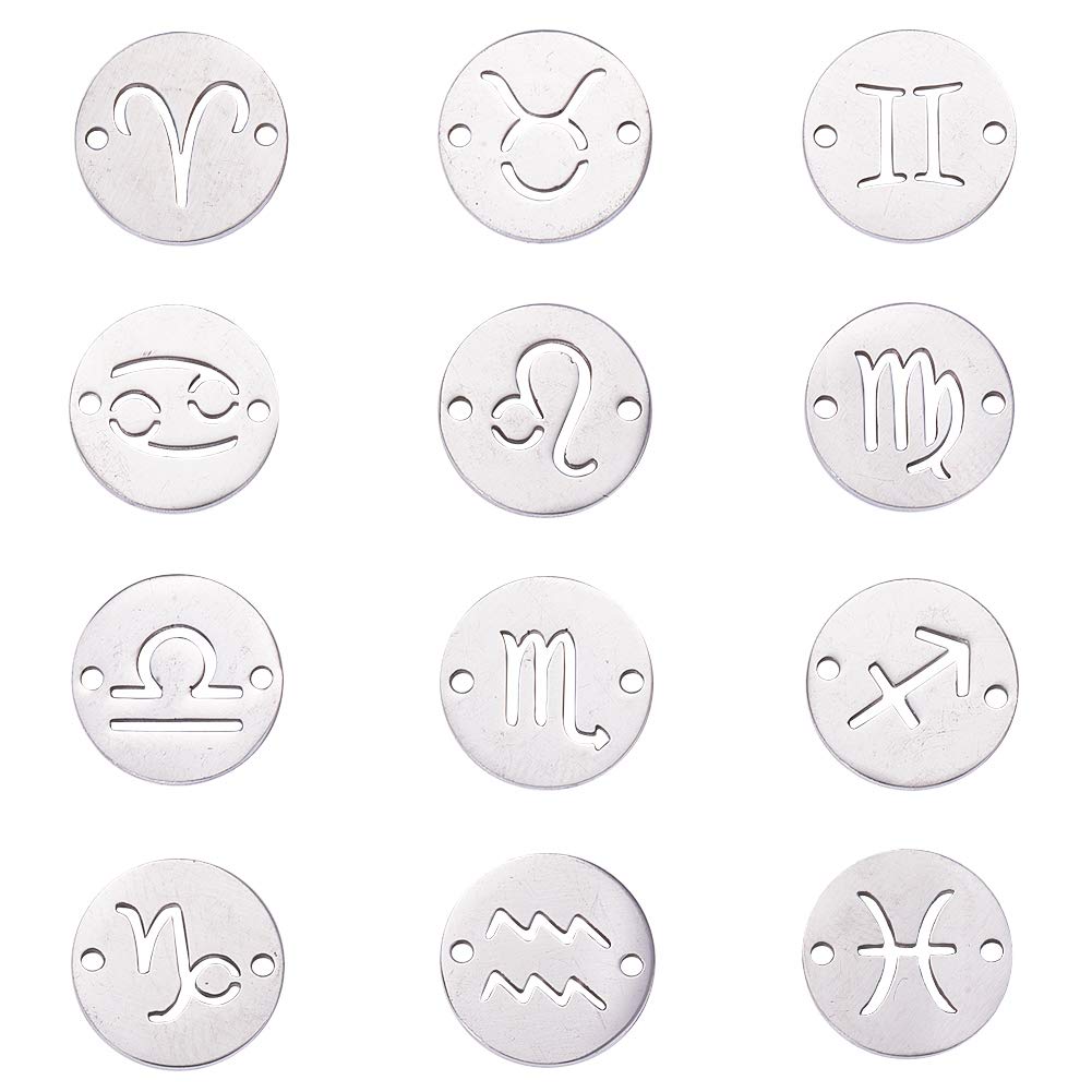 Airssory 12 Pcs Twelve Constellation Filligree Zodiac Signs Astrology Luck Charm 2-Holes Double Sides Links/Connectors Flat Round Shaped in Bulk for Jewellery Making - 12mm