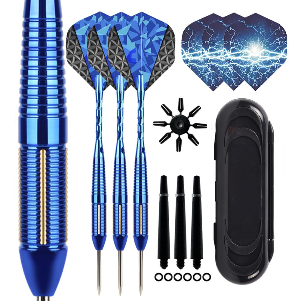 Aiqilai Professional Darts Set 22g,3 Pack Steel Tip Darts Set With Aluminum Shafts(+3 More Spare Shafts) and 2 Style Flights+Rubber O-Rings and Darts Case-Blue