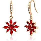 Watforsh 14K Plated Gold Red/Green Flower Dangle Earrings for Women with Cubic Zirconia and Floral Crystal Earrings for Birthstone Christmas Jewelry