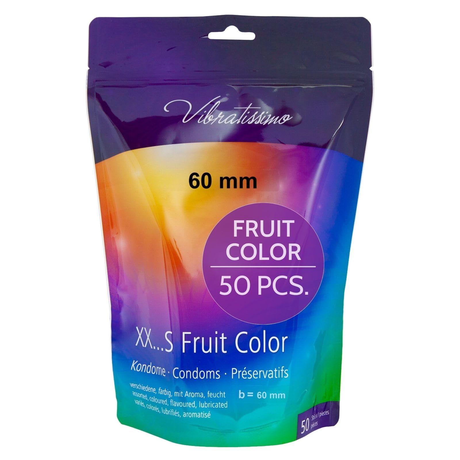 VIBRATISSIMO Fruit Coloured Condoms 50-Pack I Feel-Real & Extra Lubricated I for Men I Resealable Condoms Bag I Ultra-Thin I w=60mm