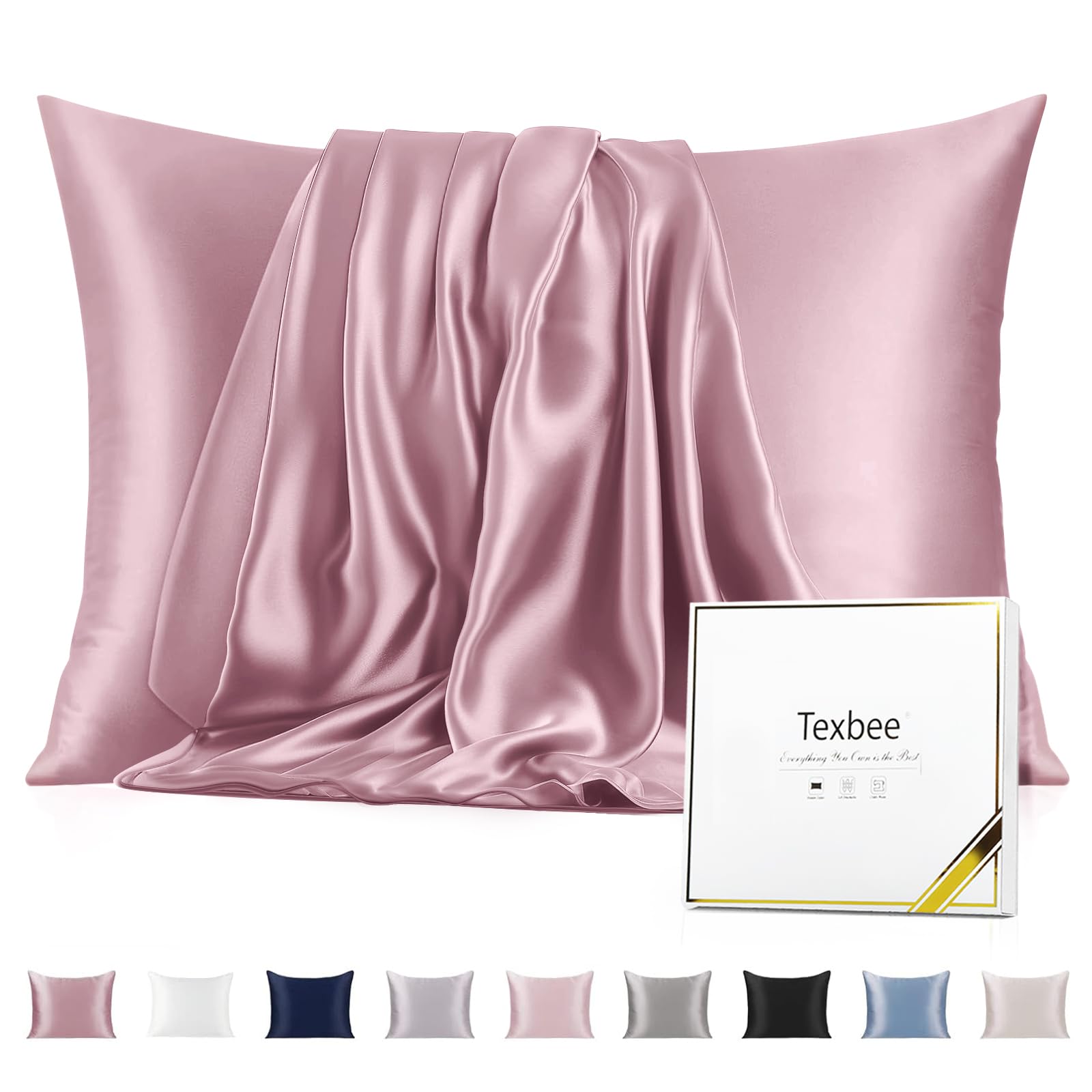 Texbee Silk Pillowcase, 22 Momme Mulberry Silk Pillowcases for Hair and Skin Health, Soft Smooth Breathable Cool Pure Pillow Case for Beauty Sleep, with Gift Box, 1pc (King 50x90 cm, Cinnamon Pink)
