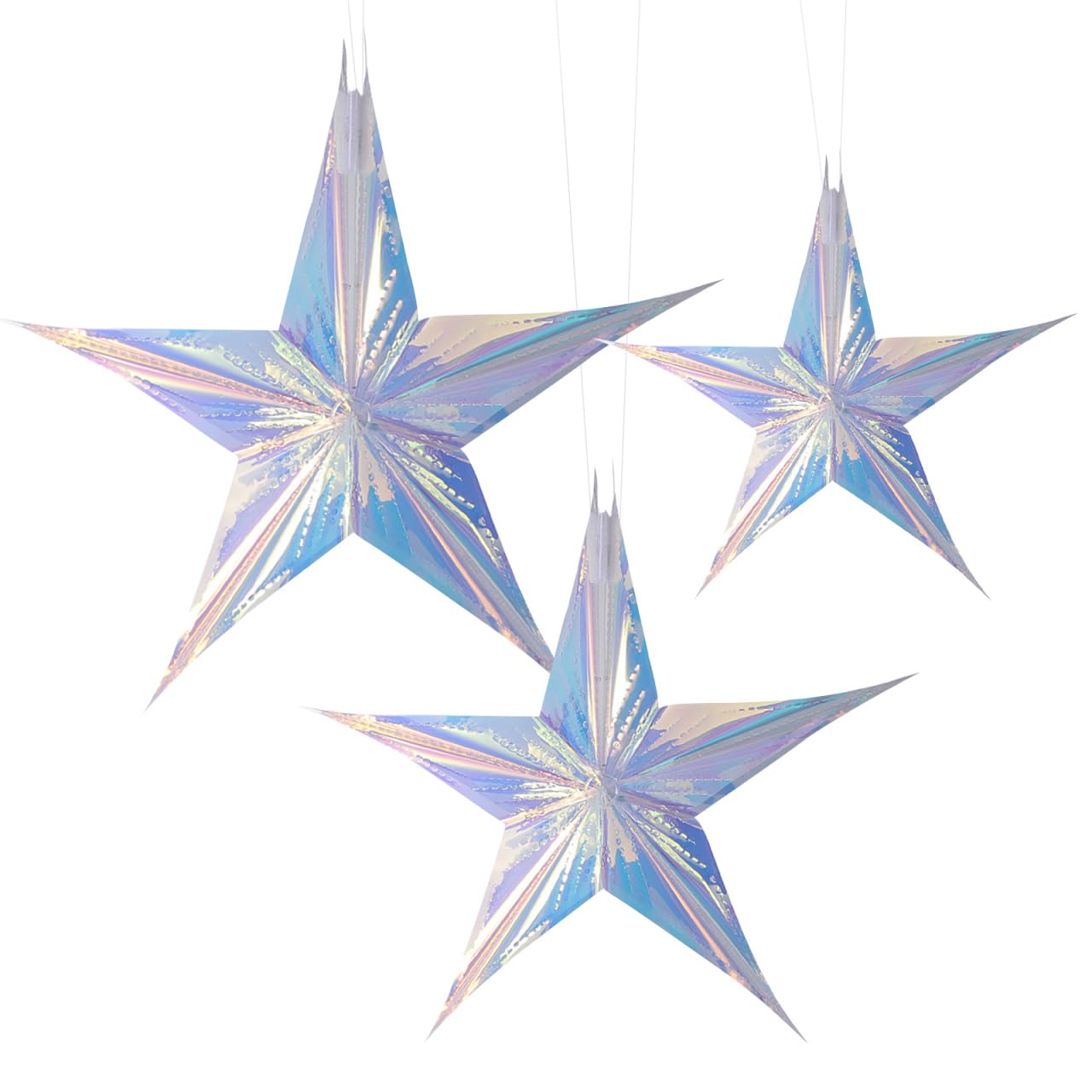 Amosfun Christmas Iridescent Star Shape Foil Ceiling Hanging Flowers Ball Craft Hanging Decoration for Christmas Birthday Wedding 12 Inch 16 Inch 24 Inch