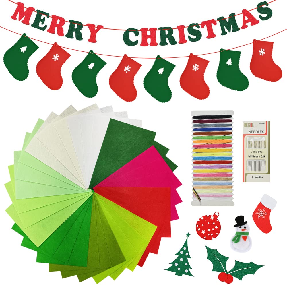 RMENOOR 34Pcs Felt Fabric Sheets 30x20cm Christmas Craft Felt Set Colored Felt Sheets Soft Sewing Felt Fabric with Needle & Thread Christmas Crafts for DIY Art Making Christmas Decorations -10 Colors