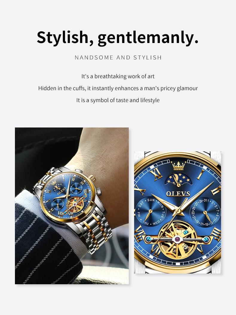 OLEVS Automatic Self-Winding Men's Watch With Date Day Calendar Display - Stainless Steel Skeleton Movement Tourbillon - No Battery Waterproof for Man