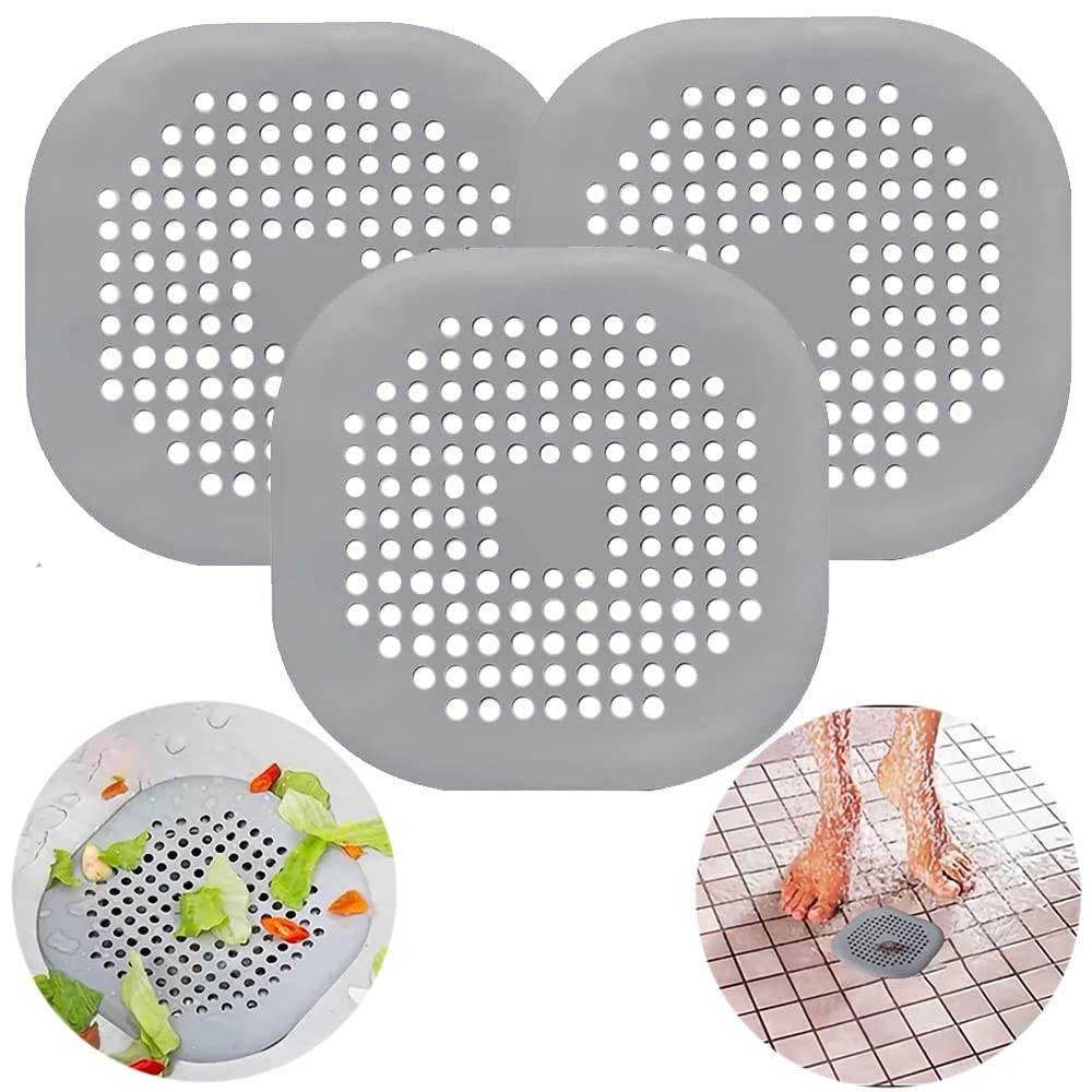 Photo 1 of 3 Pack Drain Cover Hair Catcher Pad, Silicone Tube Trap Shower with Sucker for Bathroom Kitchen, 5.5" Flat Square Rubber Strainer Plug Filter Bathtub Sink Home Drain Protectors, Grey