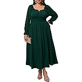 SHESTARR Plus Size Maxi Dresses for Curvy Women Wedding Guest Long Sleeve Square Neck Smocked Empire Waist Slit Long Dress