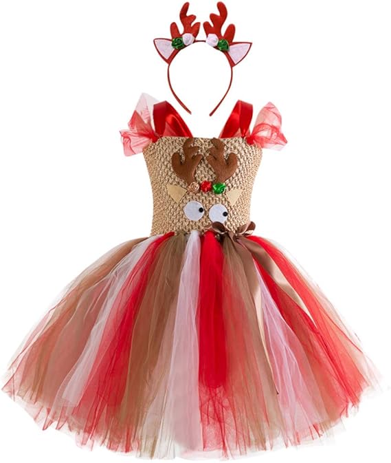 Amazon クリスマス 子供用ガールズワンピース Bobogojpキッズ服 パーティードレス ヘッドバンド２点セット プリンセスドレス ノースリーブ チュール 可愛い 漫画エルクプリント 日常christmas Girl Dress 2 11歳 演出ダンス衣装 安い女の子 ワンピース チュニック 通販