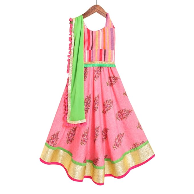 Kids Chakra By Hopscotch Girls Cotton Ferns Lehengas & Blouses In Pink Color