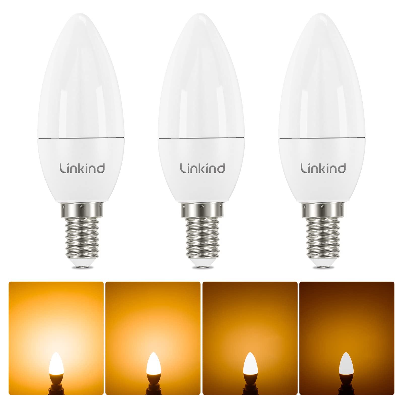Linkind E14 Dimmable LED Bulb, 4.2W 40W Equivalent, 470lm Warm White 2700K, Small Edison Screw SES, B35 Candle Light Bulbs, CE Certified, Pack of 3