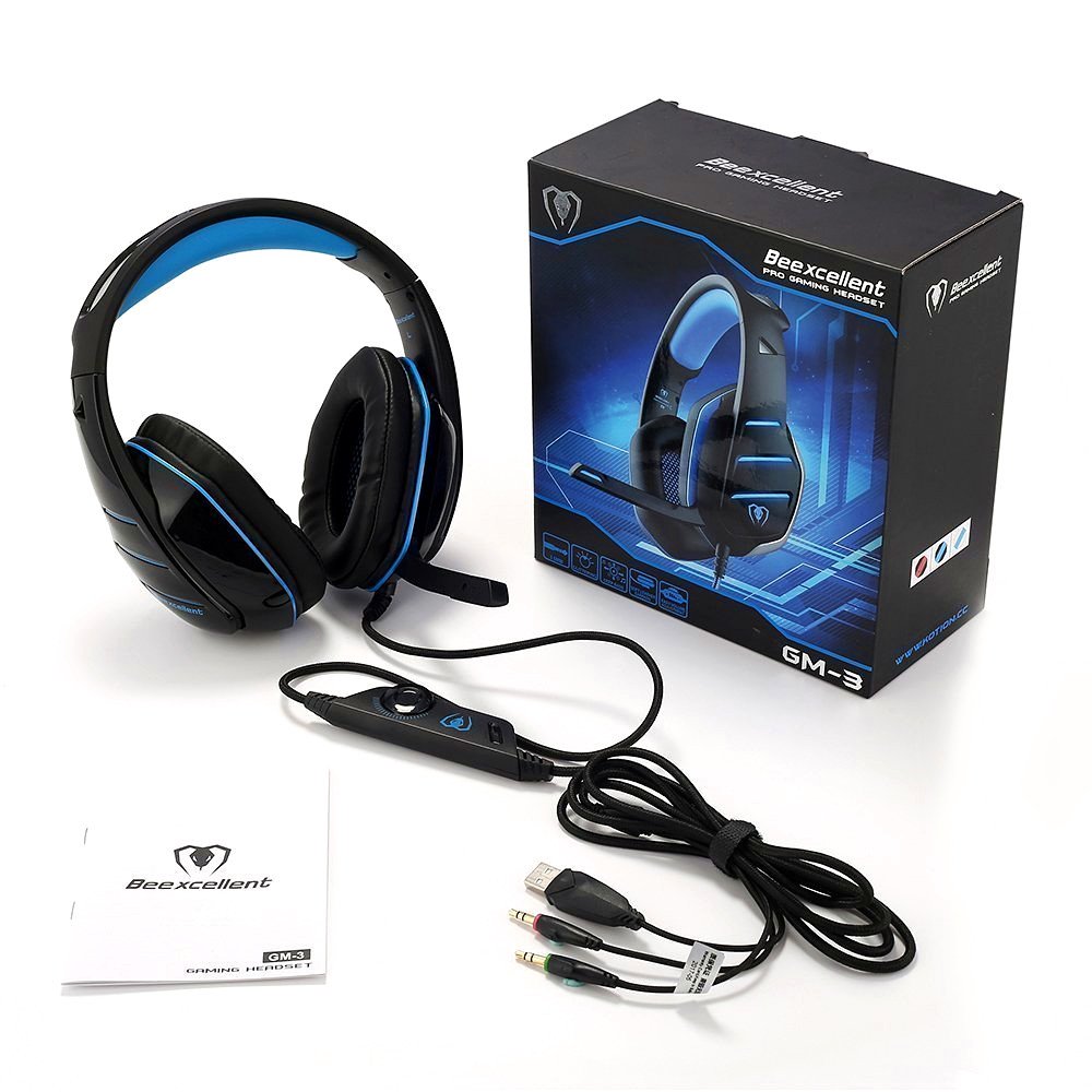 Gaming Headset GM-3 with Microphone for New Xbox 1 PS4 PC Cellphone Laptops Computer - Surround Sound, Noise Reduction Game Earphone-Easy Volume Control with LED Lighting 3.5MM Jack(Black+Blue)