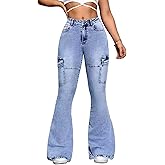 Flvsun Women's High Waist Flare Cargo Jeans Flap Pocket Y2K Streetwear Stretch Bell Bottoms Wide Leg Denim Pants