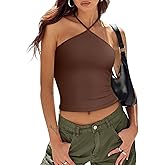 REORIA Womens Camisole Tank Tops Criss Cross Halter Top Double Lined Backless Crop Tops Y2K Vacation Outfits