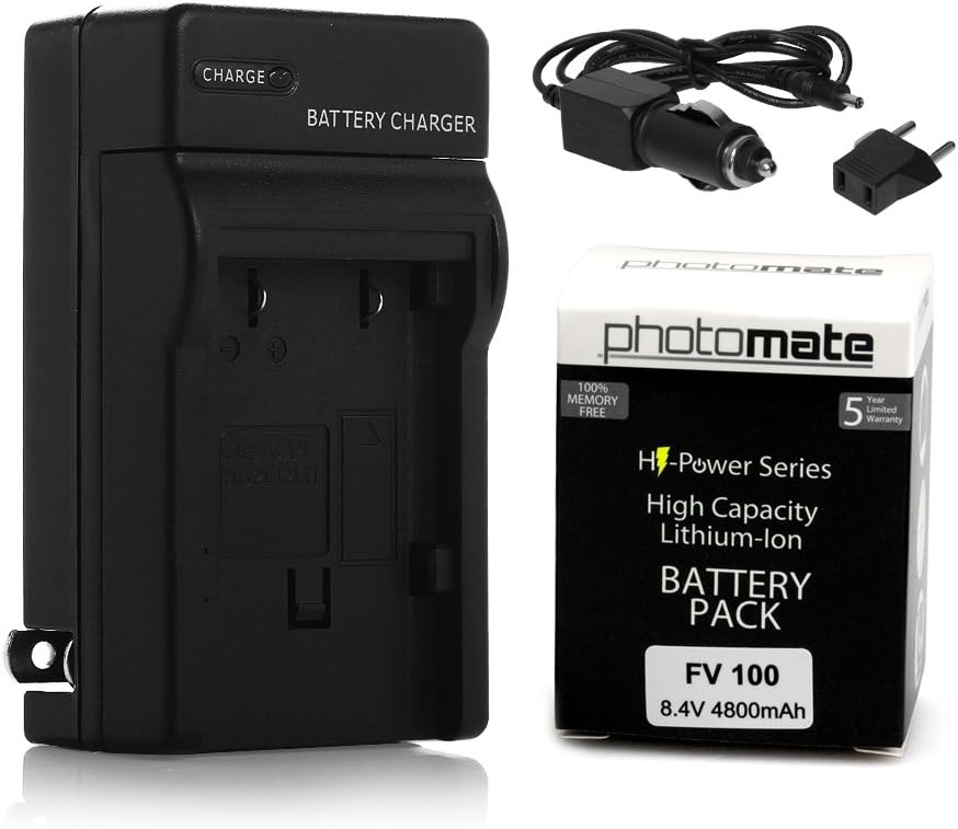 PhotoMate NP-FV100 FV100 Ultra High Capacity Rechargeable Battery (4800mAh) + Rapid Home AC Wall Charger + Car Adapter + Euro Plug for Sony HDR-SX45, HDR-SX85, HDR-XR260V, HDR-CX190, HDR-CX190, HDR-CX200, HDR-CX210, HDR-CX220, HDR-CX230, HDR-CX260V, HDR-CX290, HDR-CX380, HDR-CX580V, HDR-CX760V, HDR-PJ200, HDR-PJ260V, HDR-PJ380, HDR-PJ580V, HDR-PJ710V, HDR-PJ760V, HDR-TD20V, HDR-VG20H, NEX-VG30, NEX-VG900, DEV-50V Camcorder / Video Camera