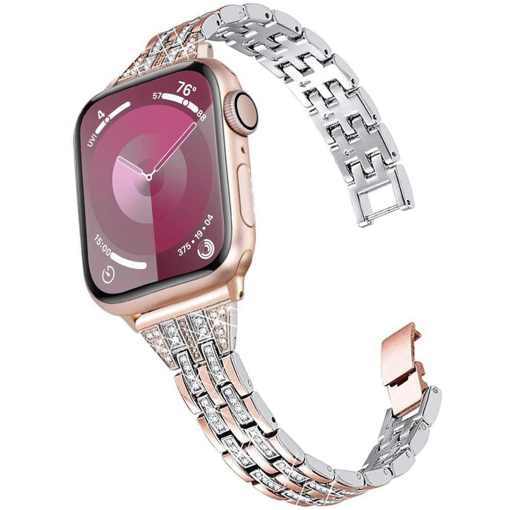 DEALELE Strap Compatible with iWatch 42mm 44mm 45mm 49mm, Luxury Diamond Rhinetone Metal Replacement Bracelet for Apple Watch Series 9 / 8 / 7 / 6 / 5 / 4 / 3 / SE / Ultra Women Men (Rosegold-silver) — image 1