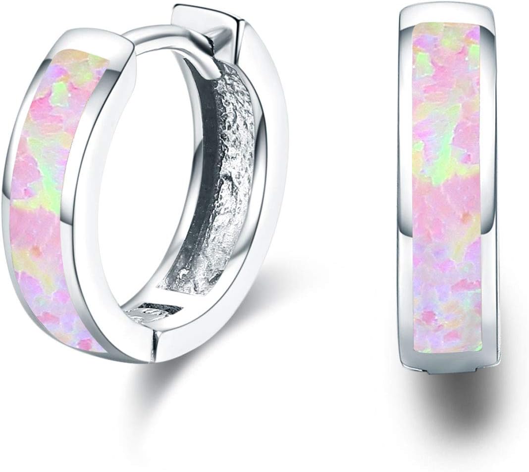 CUOKA MIRACLESmall Hoop Earrings 925 Sterling Silver Huggie Earrings for Women Hinged Hoop Cute Pink Opal Earrings Gift for Girls Stud Earring for Kids