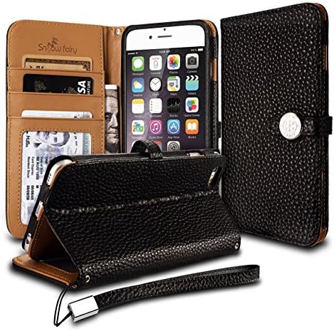 iPhone 6s (4.7) Cases, iPhone 6 (4.7) [Snow Fairy] Flip Cover Case [Premium Genuine Leather Kick Stand Wristlet][Card Holder][Wallet] - [Leather Fit][Wrist Strap] Bull Leather Case Black