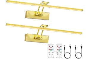Elavika 2 Pack Picture Light Battery Operated for Wall, 16inch Wireless Art Light for Painting with Remote, 5200mAh Cordless LED Gallery Lighting Library Lights, Dimmable Picture Frame Lights, Gold