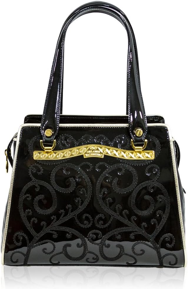 Valentino Orlandi Italian Designer Black Damask Embroidered Leather Shoulder Bag
