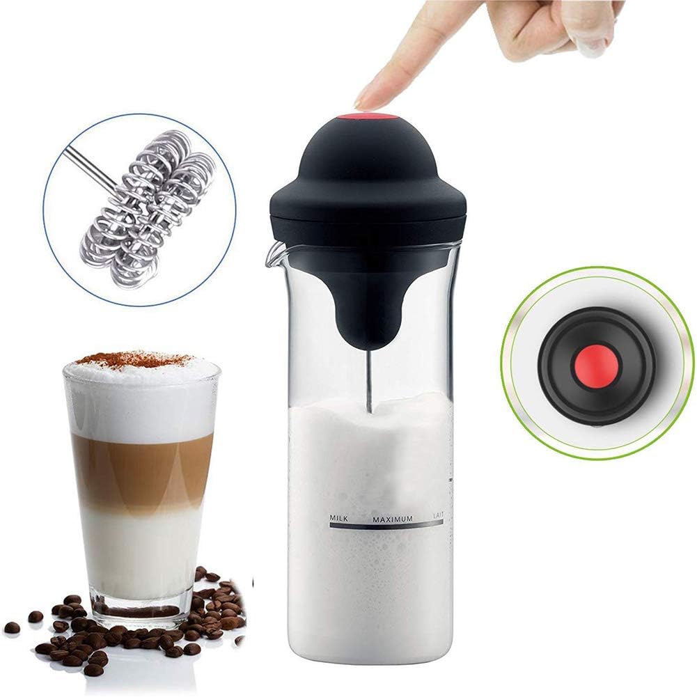 Handheld Milk Frother Whisk, Battery Operated Electric Foam Maker with Stainless Steel Whisk, Glass Cup And Cleaning Brush for Coffee, Latte, Cappuccino, Hot Chocolate,Clear