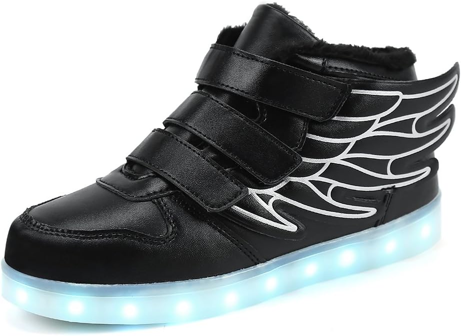 Qkettle Kids High Top Wing LED Lights Up Sneakers Boys Girls Shoes(37 M EU/4.5 M US Big Kid,Black)