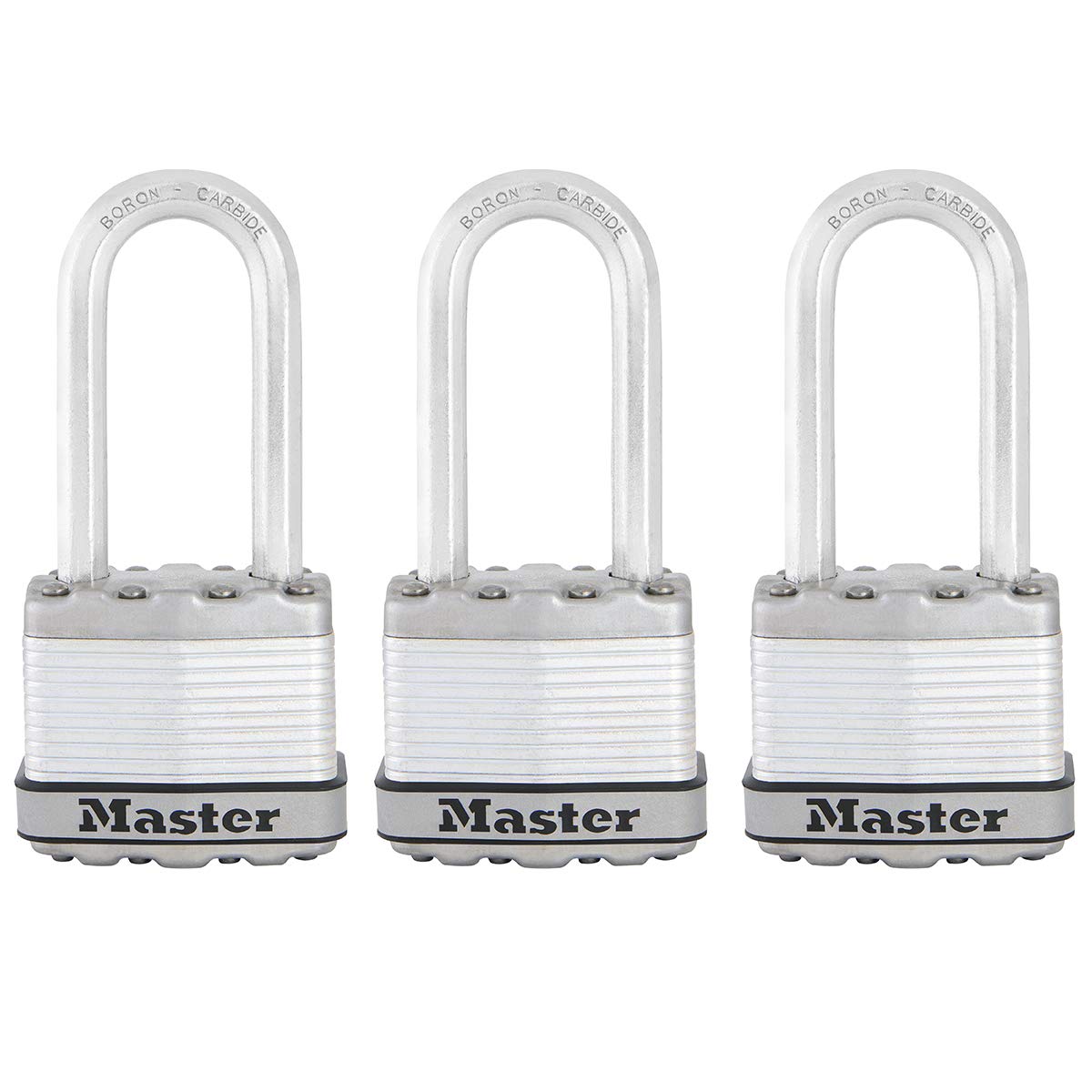 MASTER LOCK Heavy Duty Padlock [Key] [Laminated Steel] [Long Shackle] [Weatherproof] [Pack of 3